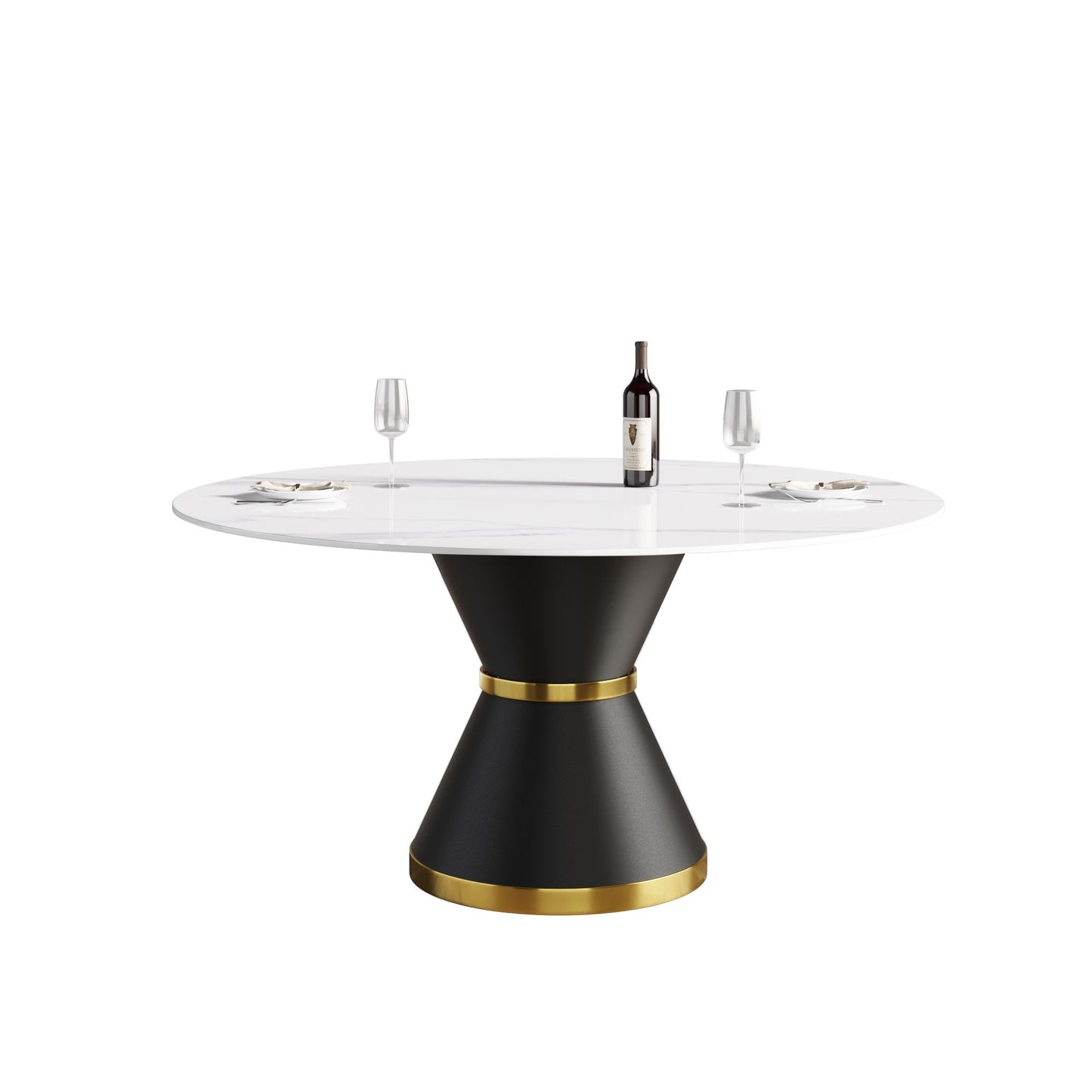 59.05" Modern Artificial Stone Round Carbon Steel Base Dining Table, Can Accommodate 6 People - White / Black