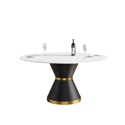 59.05" Modern Artificial Stone Round Carbon Steel Base Dining Table, Can Accommodate 6 People - White / Black