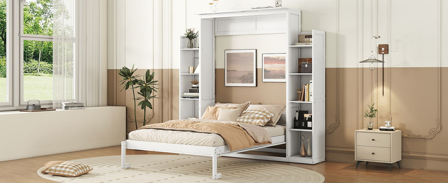 Full Size Murphy Wall Bed With Shelves And LED Lights - White