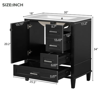 Bathroom Vanity, Modern Bathroom Cabinet With Sink Combo Set, Bathroom Storage Cabinet With A Soft Closing Door And 3 Drawers, Solid Wood Frame - Black