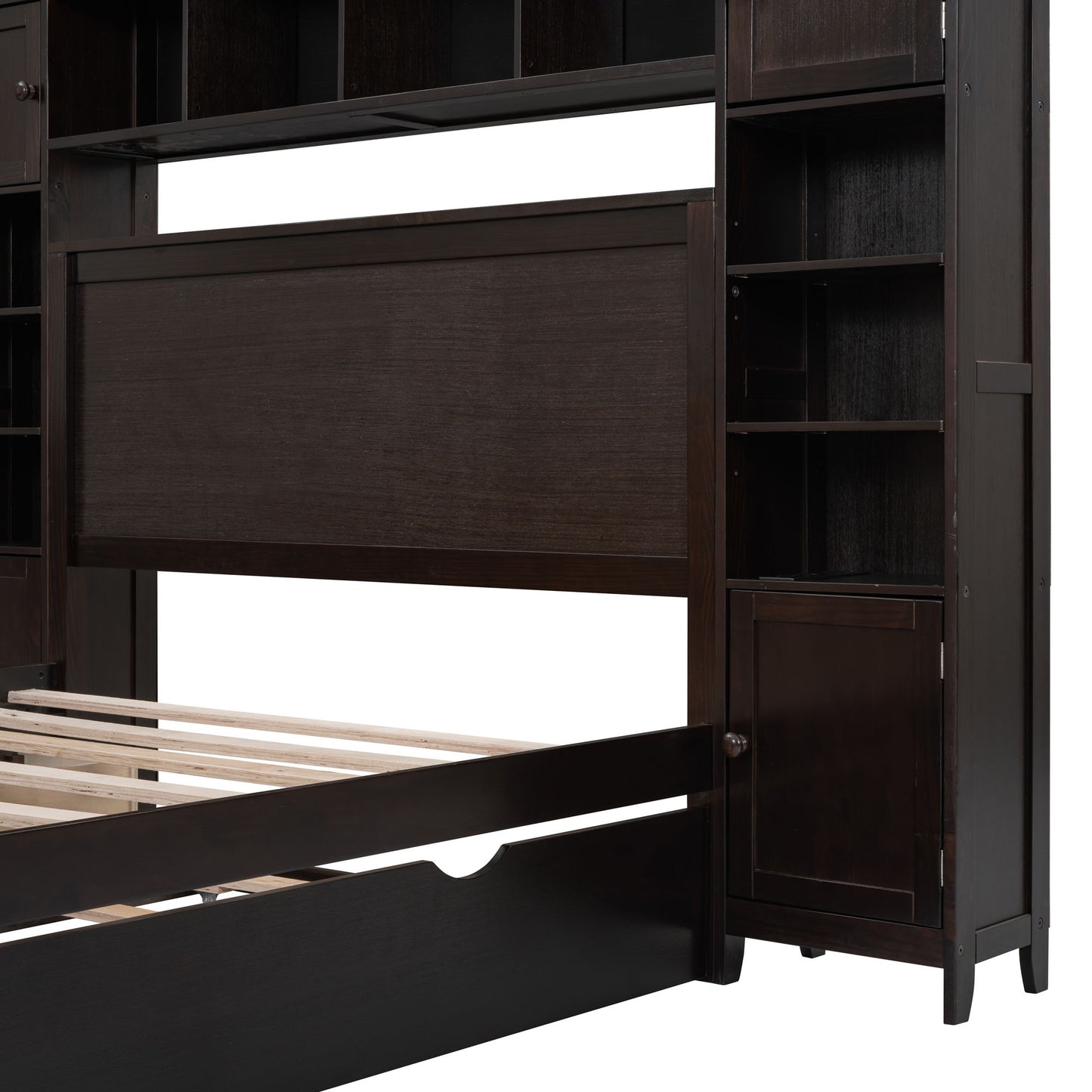 Full Size Bed With All In One Cabinet, Shelf And Sockets, Twin Size Trundle - Espresso