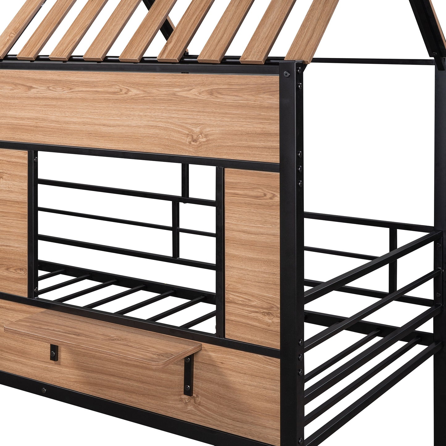 Twin Size Loft Bed With Roof, Window, Guardrail, Ladder - Black