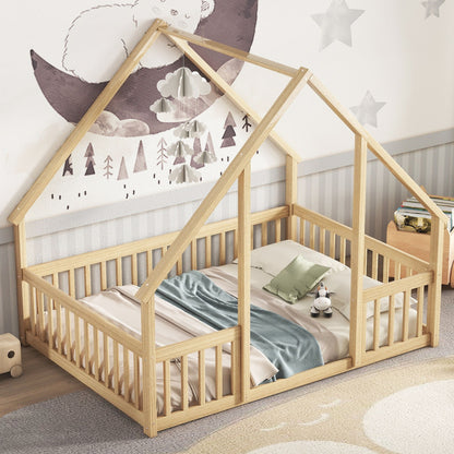 Full Wood House-Shaped Floor Bed With Fence, Guardrails - Natural