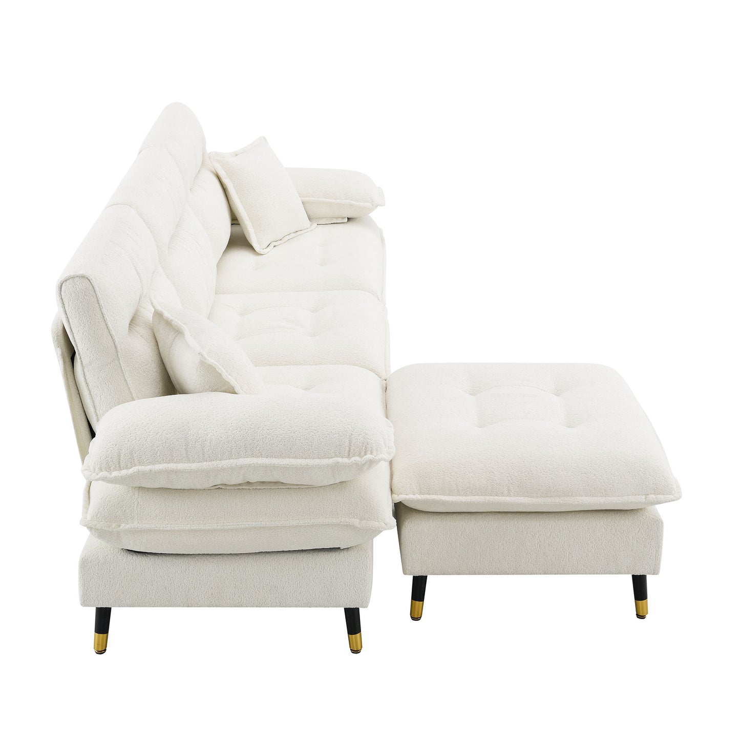 L Shaped Convertible Sectional Sofa 4 Seat Tufted Couch Set With Two Tone Adjust Legs Cloud Movable Ottoman - White
