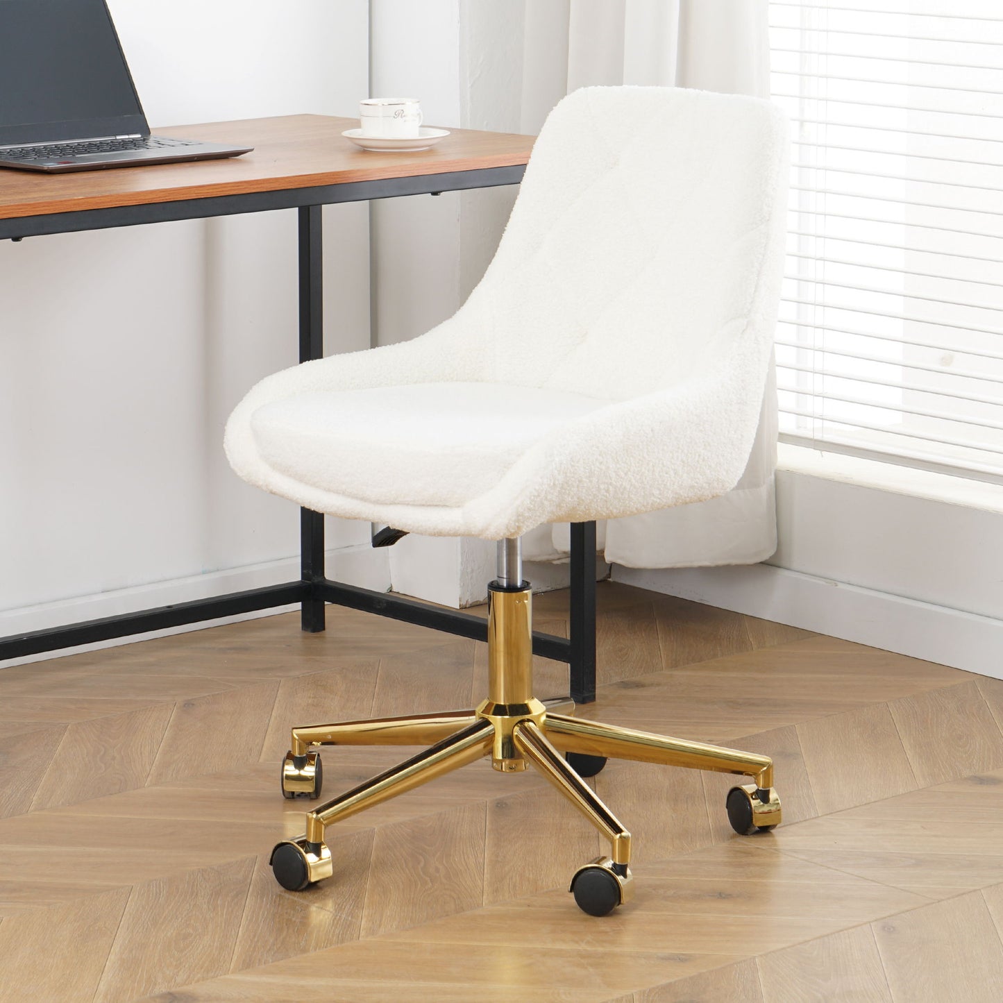 Modern Teddy Fleece Fabric Dining Chair With Gold Legs, Soft And Comfortable, Adjustable, Space Saving - Beige