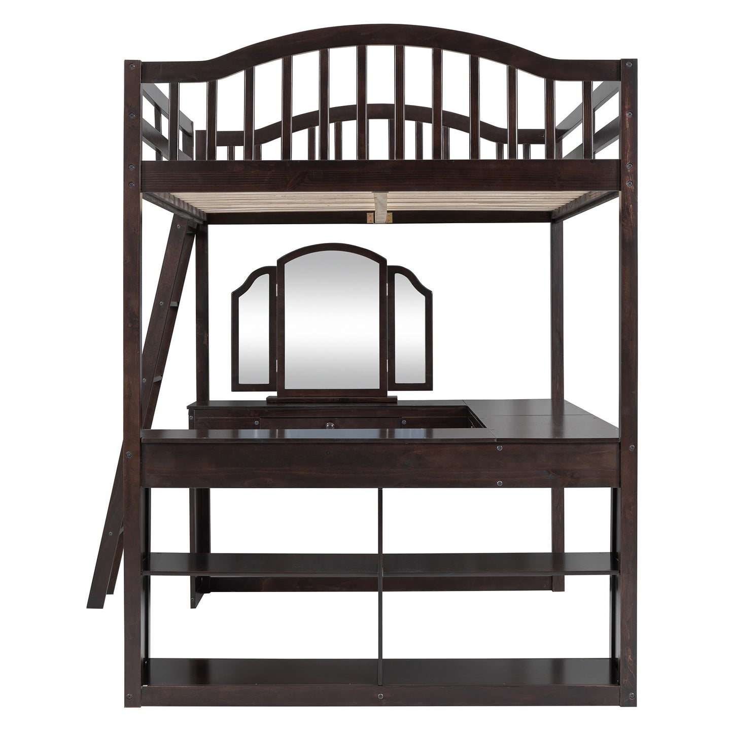 Full Loft Bed With U Shaped Desk, Storage Compartments And Tri Fold Mirror - Espresso