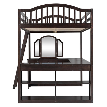 Full Loft Bed With U Shaped Desk, Storage Compartments And Tri Fold Mirror - Espresso