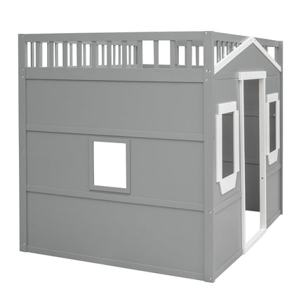 Full Size House Loft Bed With Ladder - Gray / White