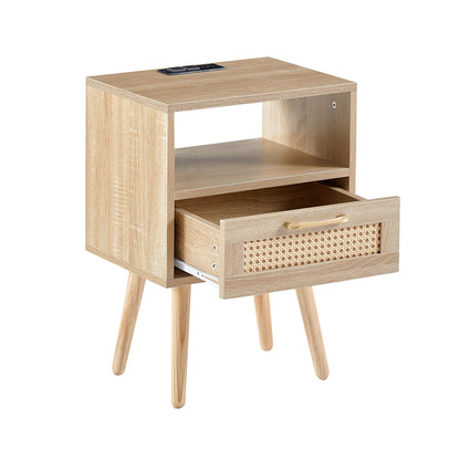 15.75" Rattan End Table With Power Outlet & USB Ports, Modern Nightstand With Drawer And Solid Wood Legs, Side Table For Living Room, Bedroom - Natural
