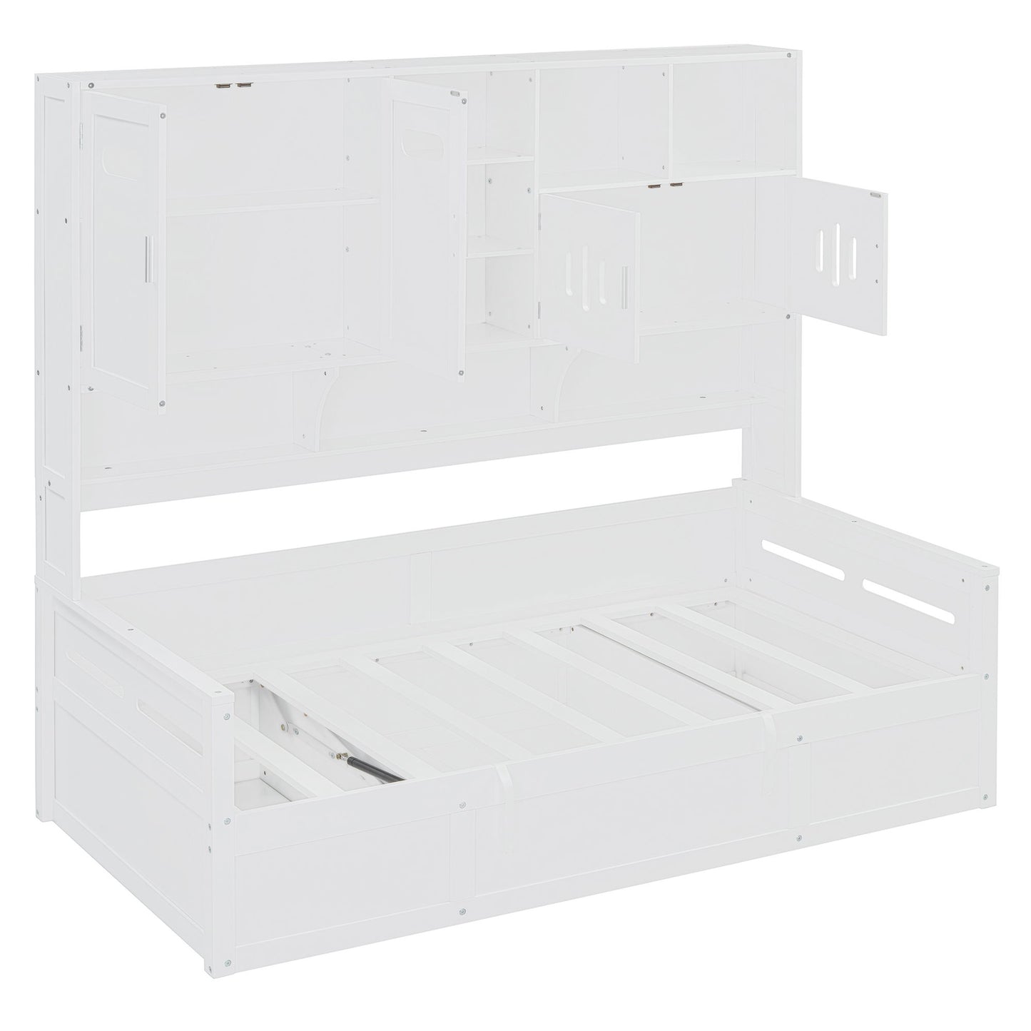 Twin Size Wooden Daybed With Hydraulic Bed And All In One Cabinet And Shelf - White