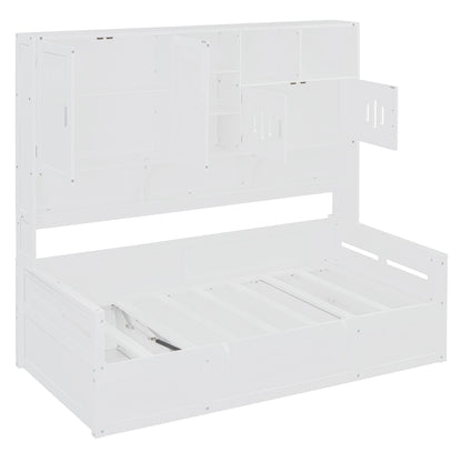 Twin Size Wooden Daybed With Hydraulic Bed And All In One Cabinet And Shelf - White