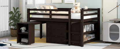 Full Loft Low Study Bed With Cabinet, Shelves And Rolling Portable Desk, Multiple Functions - Espresso