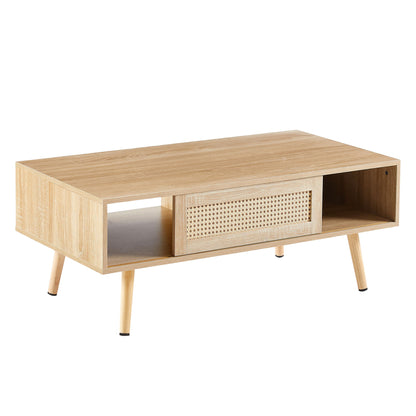 41.34" Rattan Coffee Table, Sliding Door For Storage, Solid Wood Legs, Modern Table For Living Room - Natural