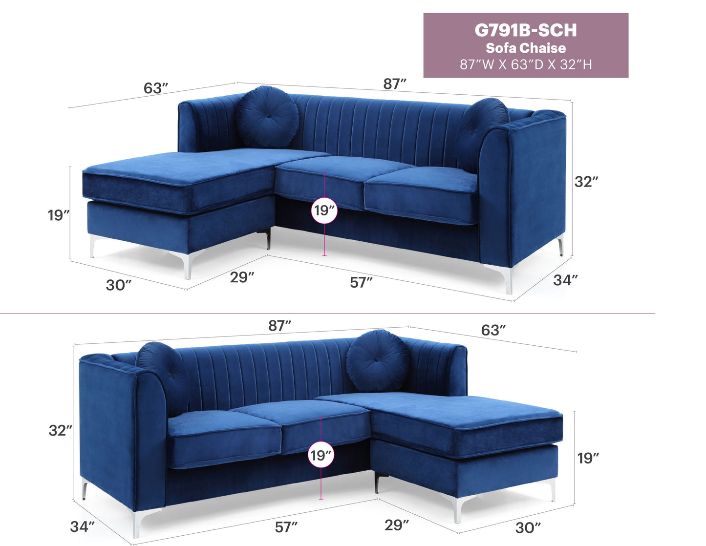 Delray - Sofa Chaise - Navy Blue