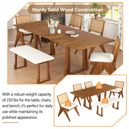 Modern 6 Piece Extendable Dining Table Set With 4 Wicker Back Upholstered Dining Chairs And Long Bench, 2 Removable Leaf - Walnut
