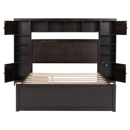 Queen Size Bed With All In One Cabinet, Shelf And Sockets, Twin Long Trundle - Espresso