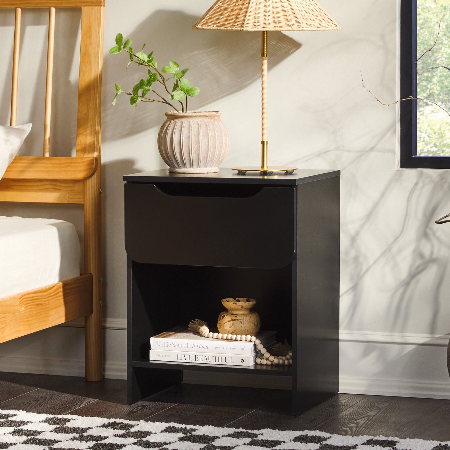 Modern Minimalist 1 Drawer Nightstand With Cubby - Black