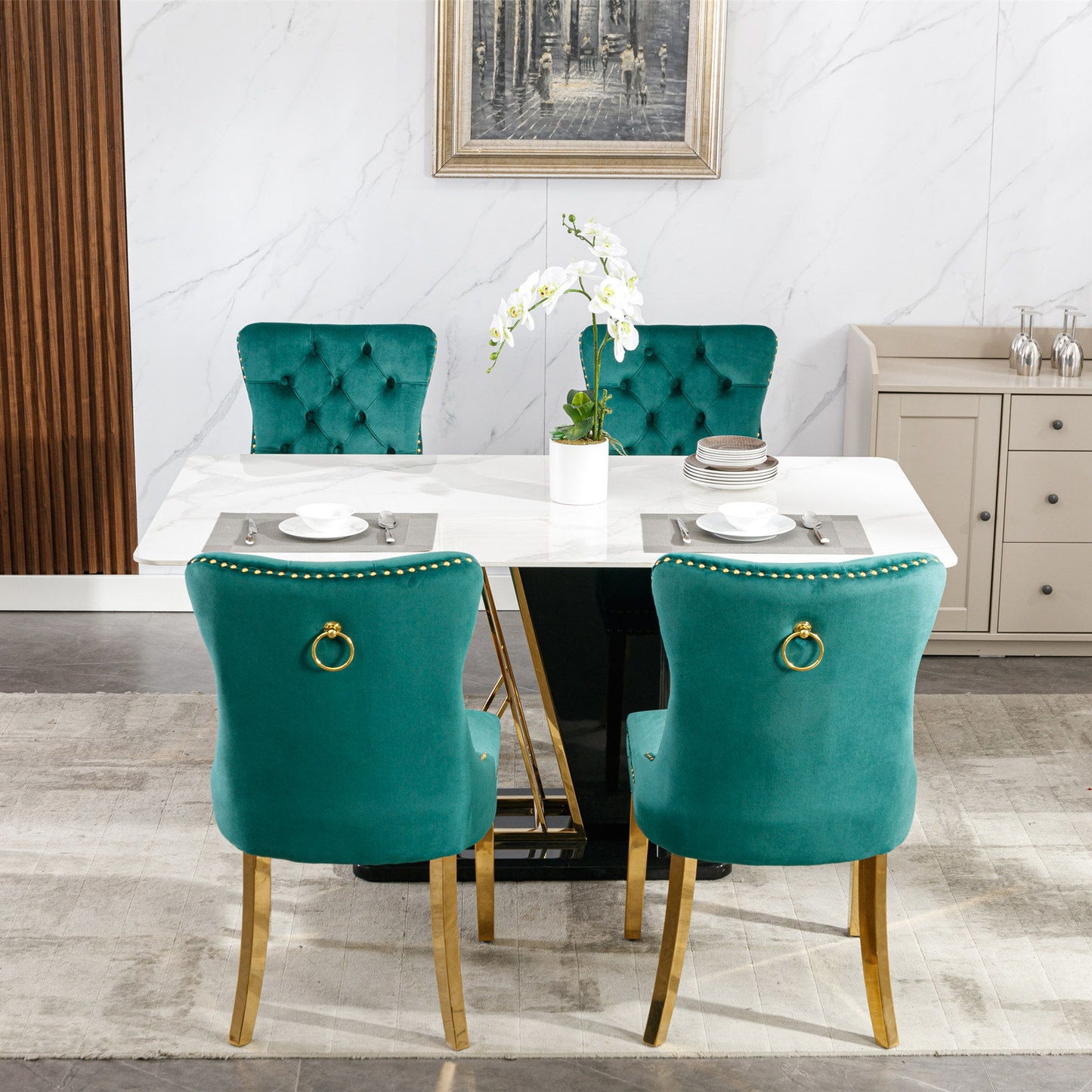 Nikki - Modern, High-End Tufted Solid Wood Contemporary Velvet Upholstered Dining Chair With Golden Stainless Steel Plating Legs, Nailhead Trim (Set of 2) - Green