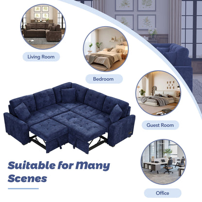 L-Shape Sofa Bed Pull-Out Sleeper Sofa With Wheels, USB Ports, Power Sockets For Living Room - Navy Blue