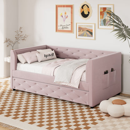 Twin Size Upholstered Tufted Daybed With Trundle - Pink