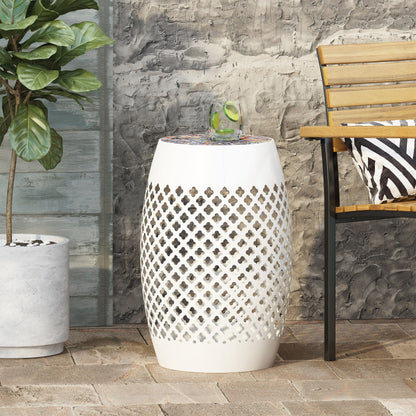 Transitional Roswell - Side Table With Tile Mosaic Top And Lace Cut Metal Frame - White