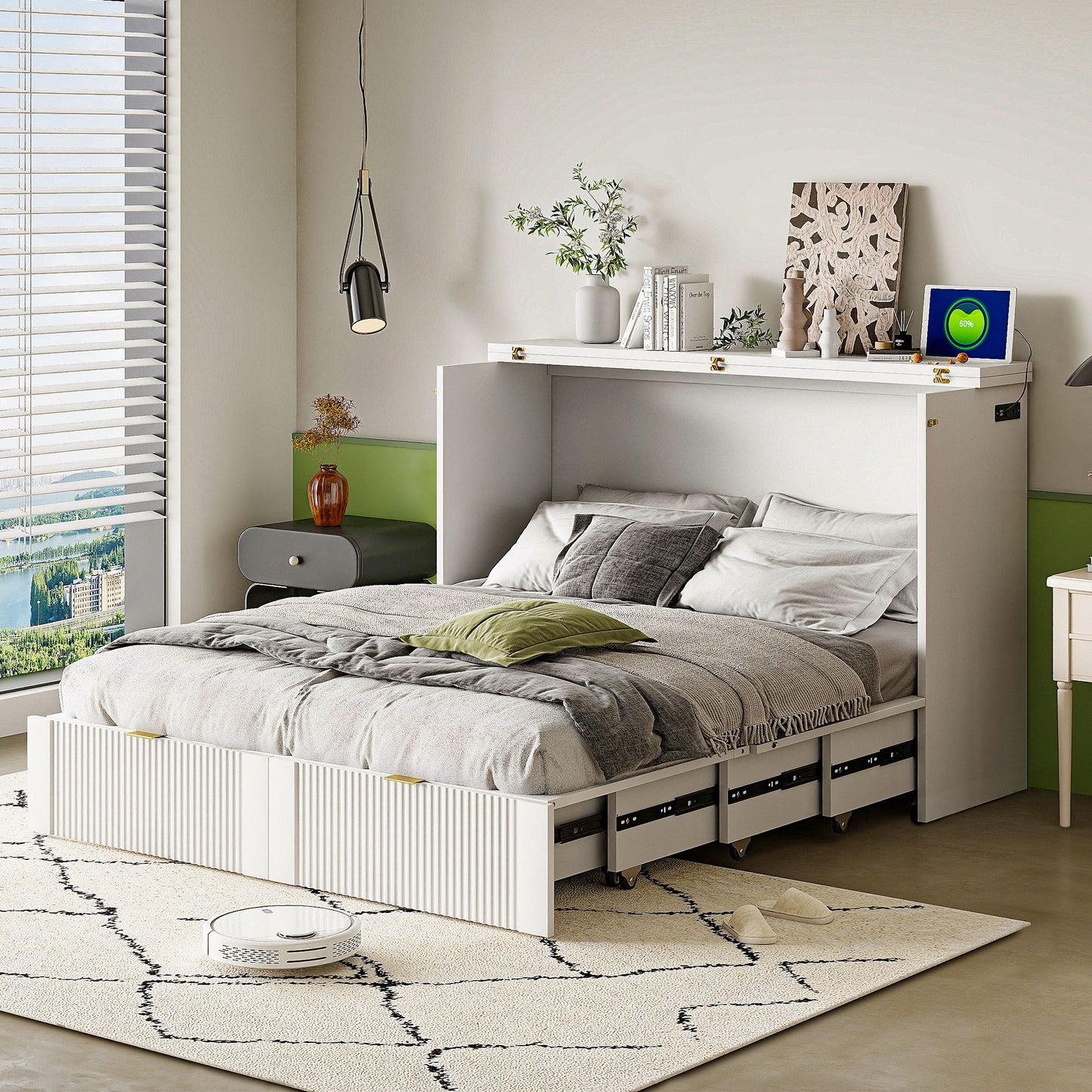 Full Size Murphy Bed With Drawer And A Set Of Sockets & USB Ports, Pulley Structure Design - White