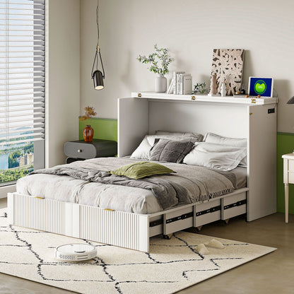 Full Size Murphy Bed With Drawer And A Set Of Sockets & USB Ports, Pulley Structure Design - White