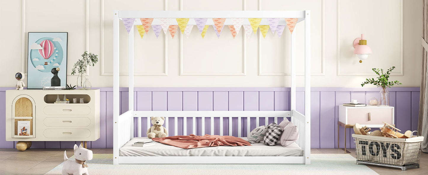 Full Size Canopy Frame Floor Bed With Fence, Guardrails - White