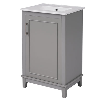 Modern Small Bathroom Vanity Cabinet With Ceramic Basin, Ample Storage, 1 Soft-Close Door - Gray