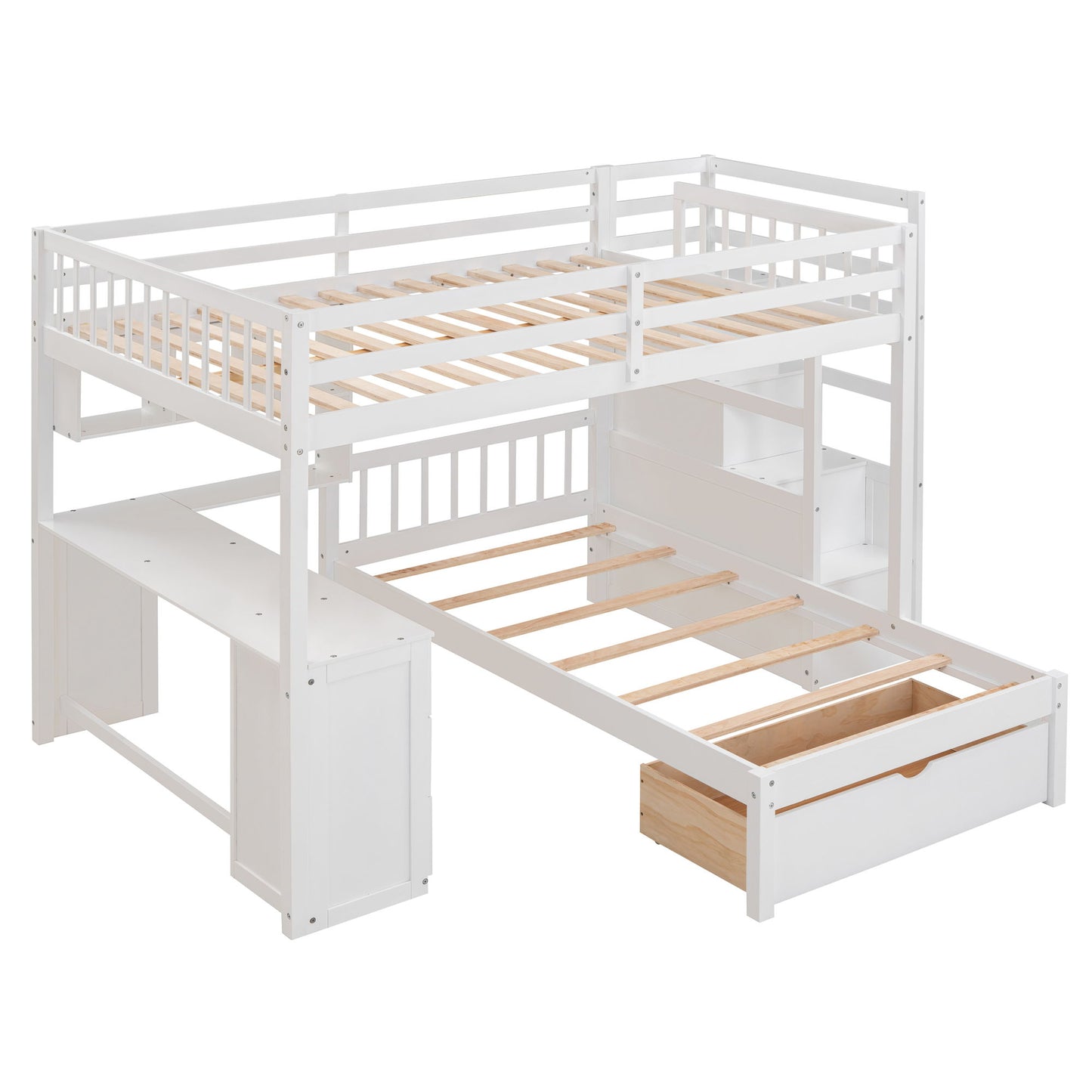 Full Over Twin Bunk Bed With Desk, Drawers And Shelves - White
