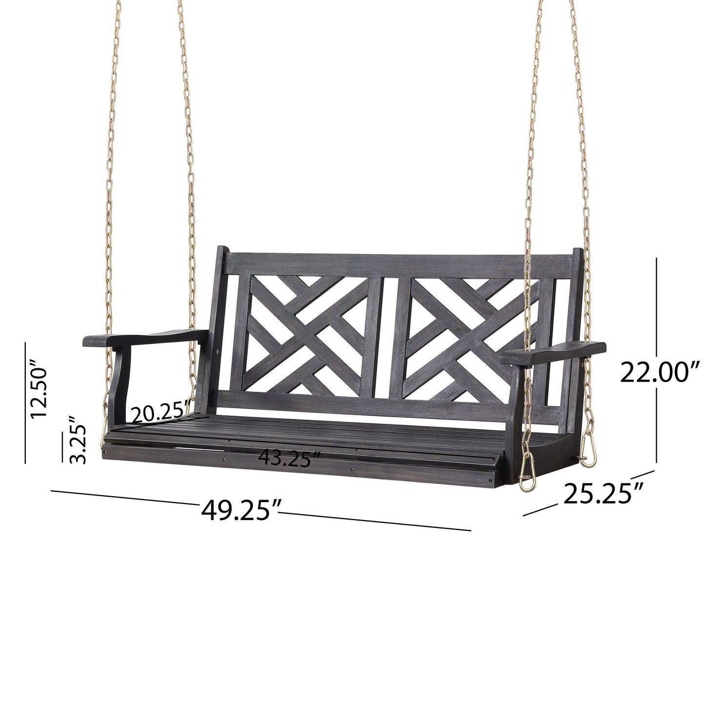 Alejandro - Acacia Wood Porch Swing With Slat Panel Seating - Dark Gray
