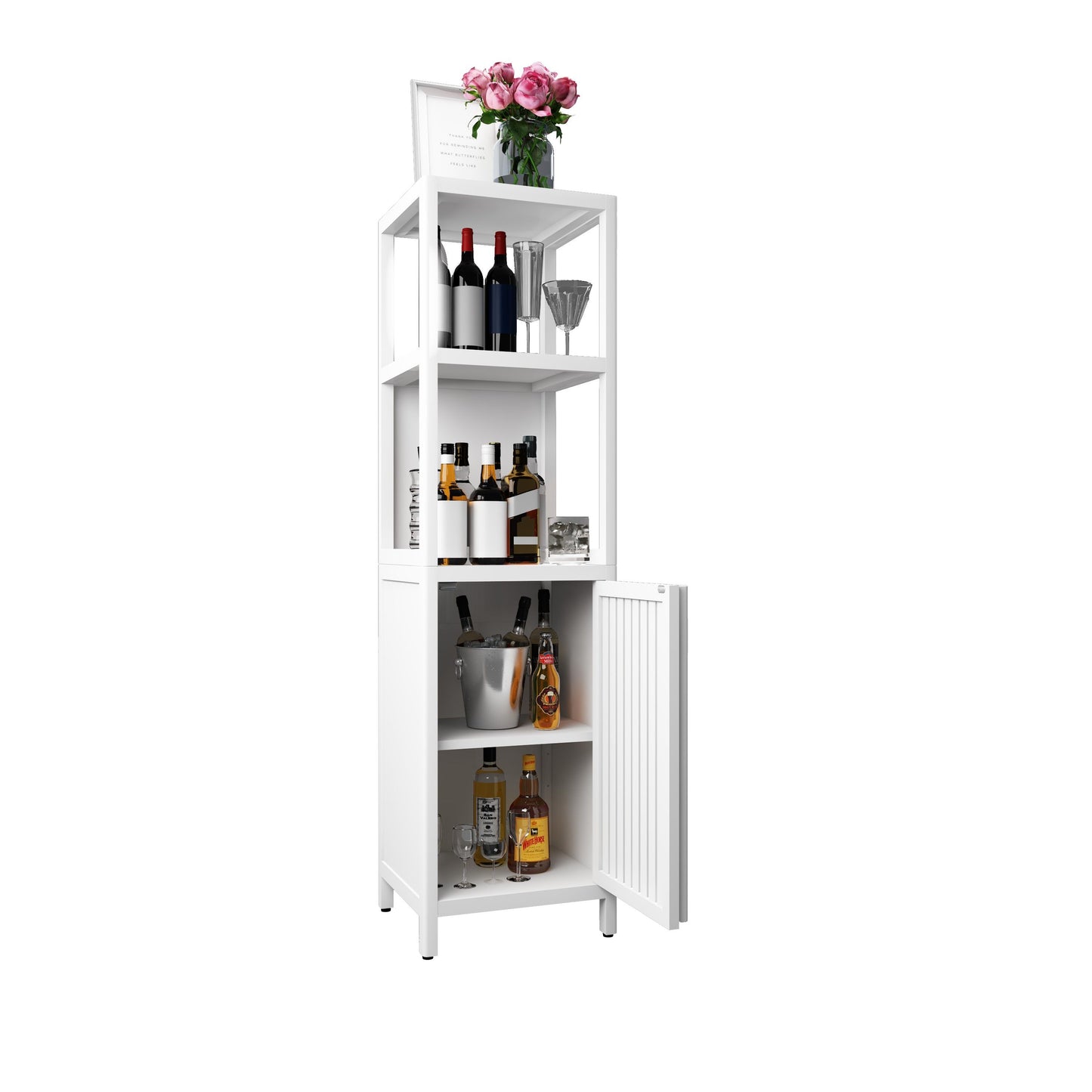 Bamboo Storage Cabinet With Tall Linen Tower, Multi Functional For Bathroom And Living Spaces - White