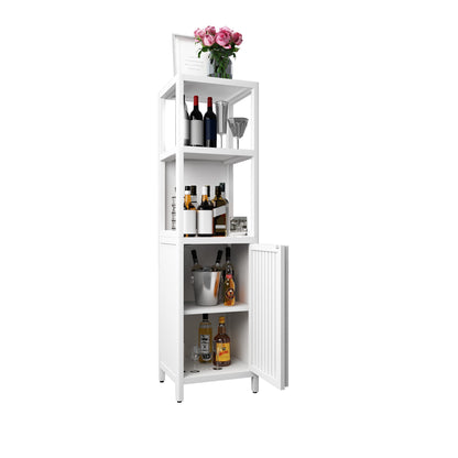 Bamboo Storage Cabinet With Tall Linen Tower, Multi Functional For Bathroom And Living Spaces - White