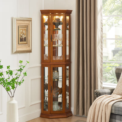 Corner Curio Cabinet With Lights, Adjustable Tempered Glass Shelves, Mirrored Back, Display Cabinet (E26 Light Bulb Not Included) - Oak