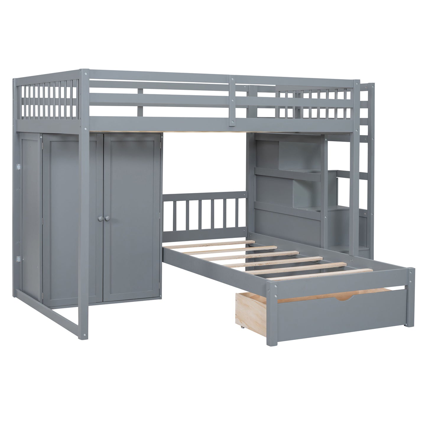 Full Over Twin Bunk Bed With Wardrobe, Drawers - Gray