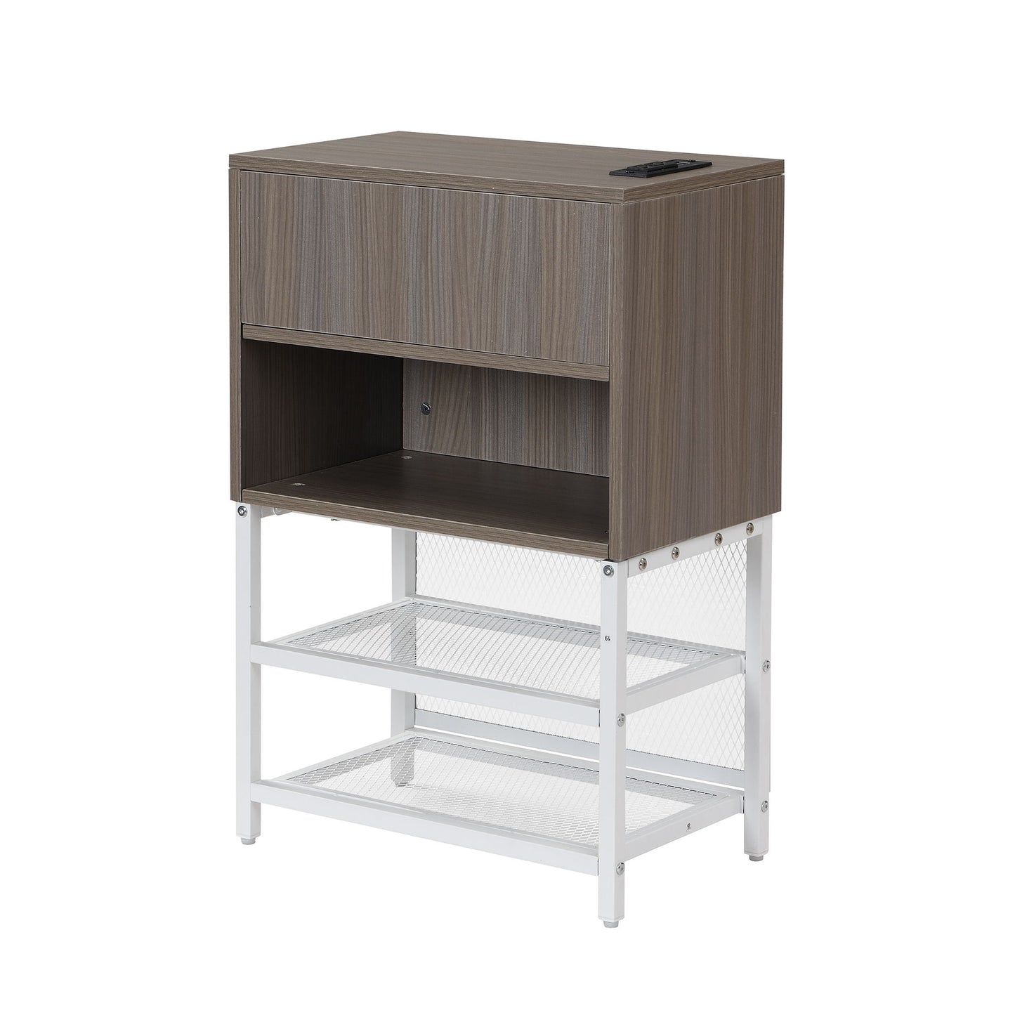 Twin Size Platform Bed With 2 Tier Storage Shelves, Storage Cabinet - White