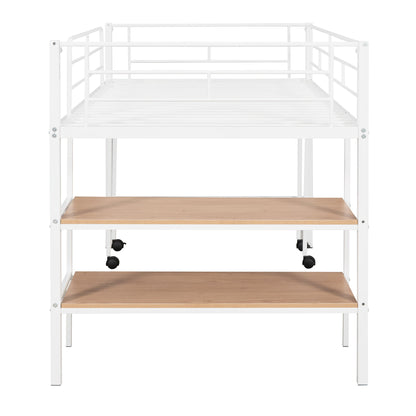Twin Size Loft Bed With Desk And Shelves - White
