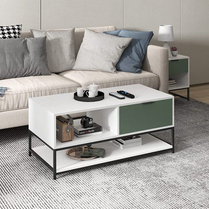 Watson - Wood Coffee Table Steel Frame With Shelves And Drawer - White And Green