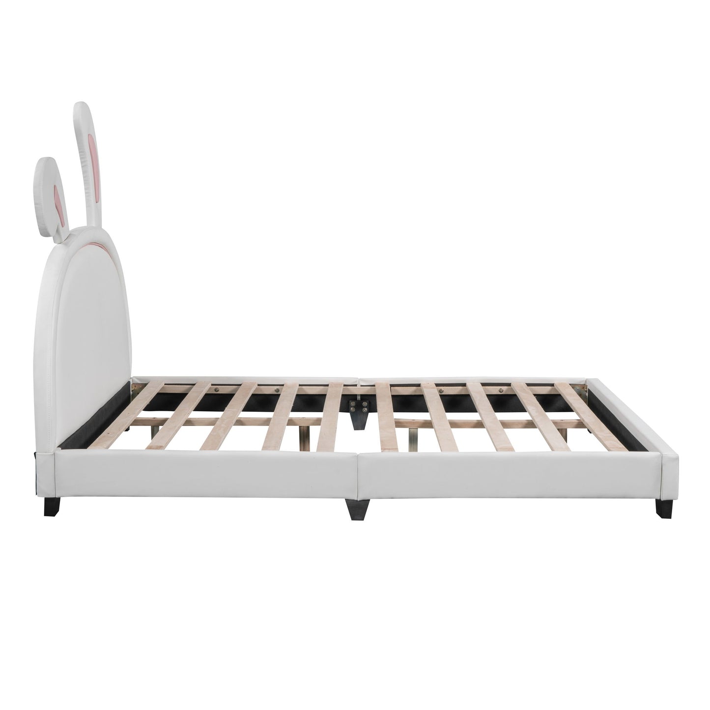 Full Size Upholstered Leather Platform Bed With Rabbit Ornament - White