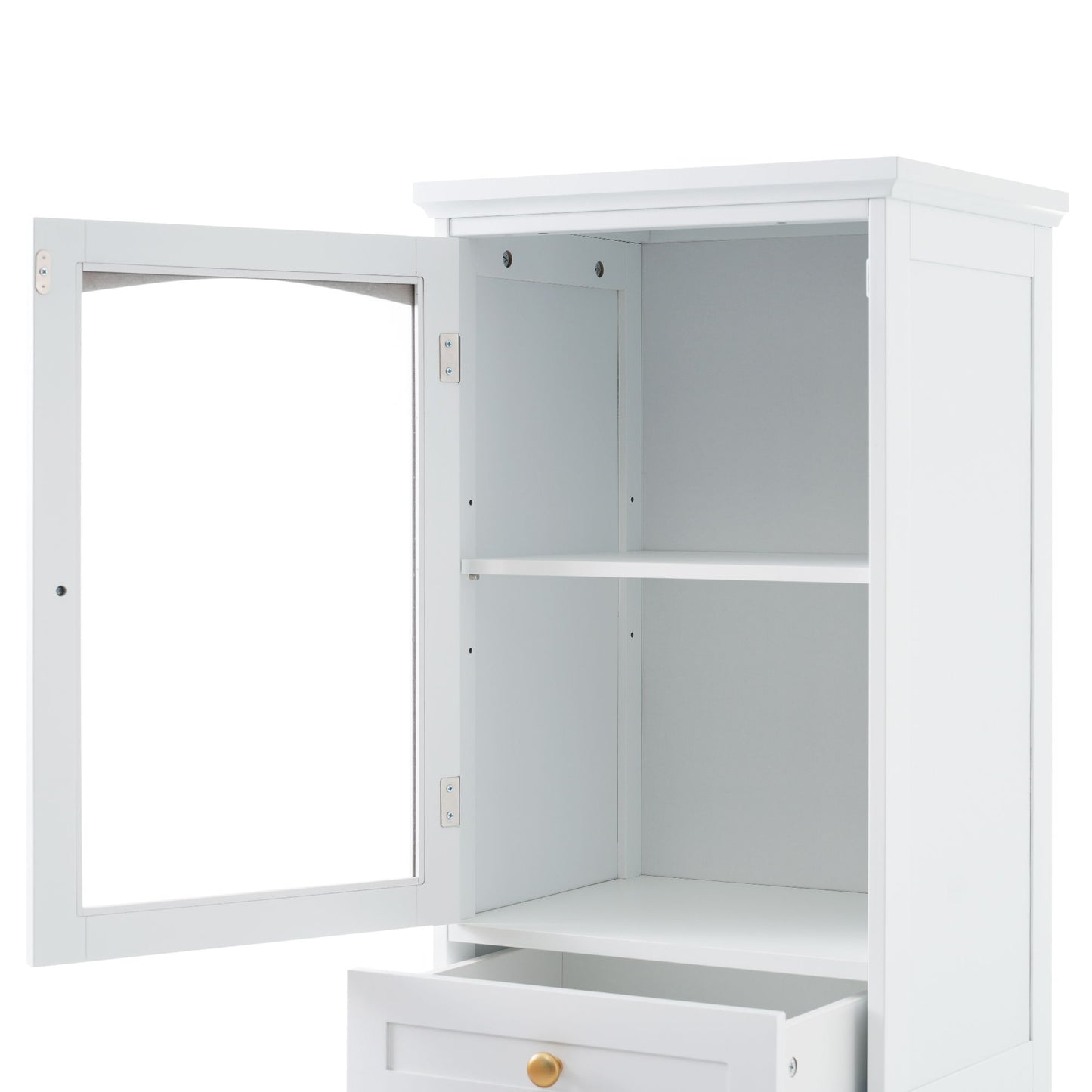 Tall Bathroom Storage Cabinet With Glass Doors, Free-Standing, Two Drawers, And Adjustable Shelves, MDF Board, Painted Perfect For Displaying Your Favorite Items - White