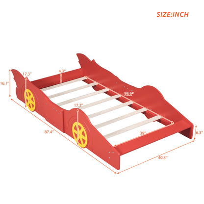 Twin Size Platform Bed Race Car Shaped With Wheels - Red