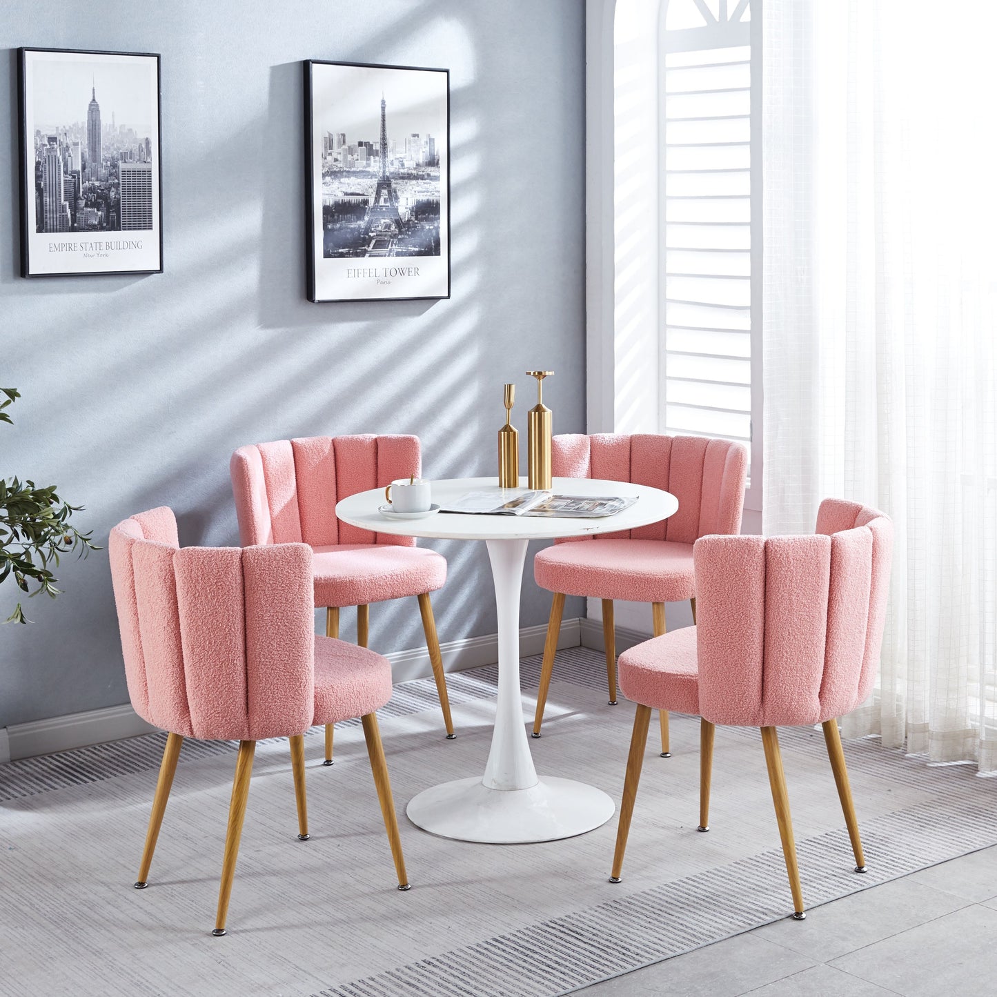 Modern Dining Chair (Set of 2) With Iron Tube Wood Color Legs, Shorthair Cushions And Comfortable Backrest, Suitable For Dining Room, Living Room, Cafe, Simple Structure - Light Pink