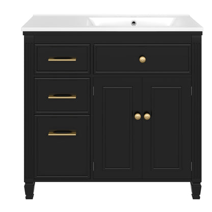 Modern Bathroom Vanity With Ceramic Sink, Freestanding, One Tip - Out Drawer, 3 Side Drawers, Adjustable Shelf - Beige