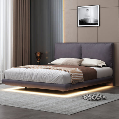 Queen Size Upholstered Platform Bed With Sensor Light And 2 Large Backrests, Stylish Platform Bed With 2 Sets Of USB Port And Socket On Each Rear Bed Leg - Gray
