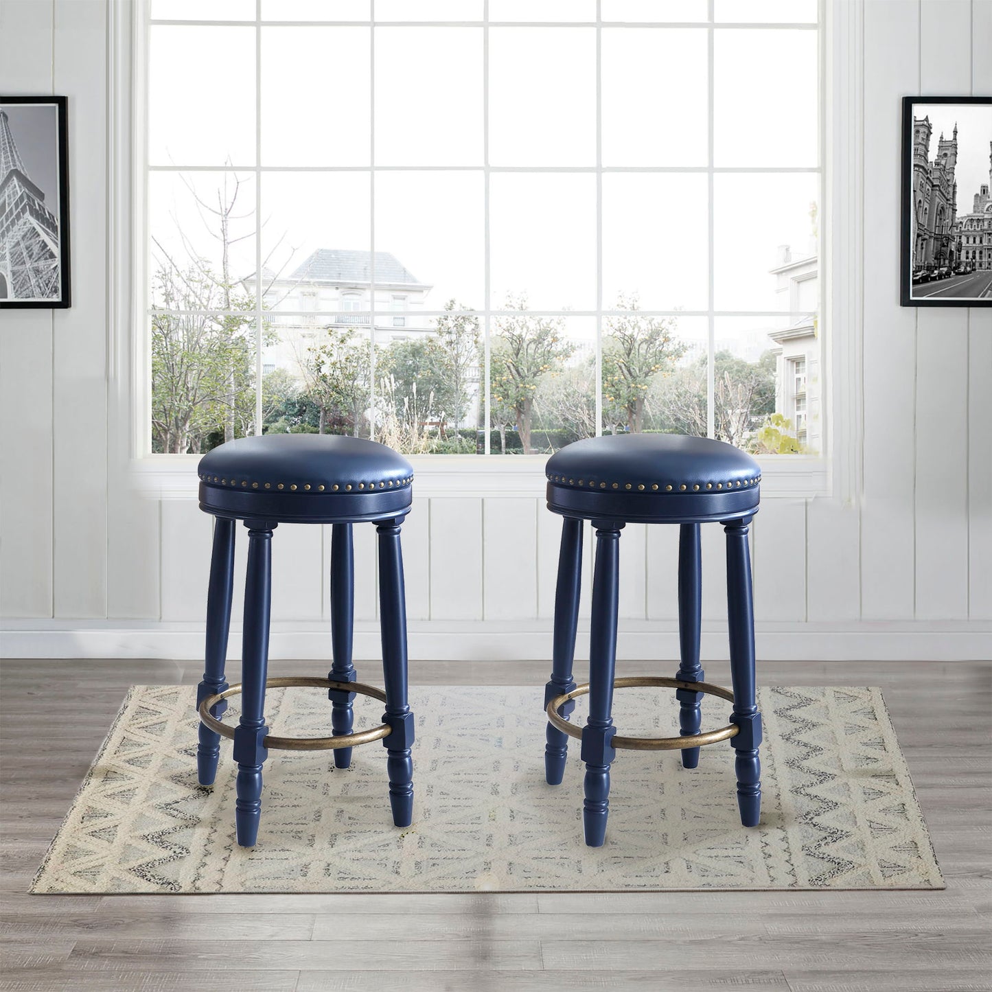 Stylish Accent Counter Height Bar Stools (Set of 2) With 360ÔøΩÔøΩ Swivel And Upholstered Seat - Dark Blue