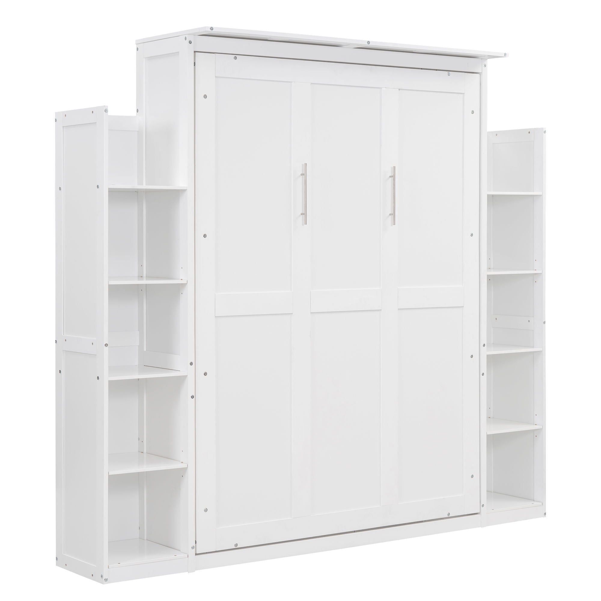 Full Size Murphy Wall Bed With Shelves And LED Lights - White