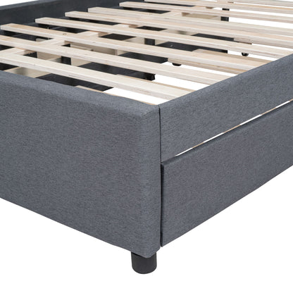 Full Size Upholstered Platform Bed With 2 Drawers And 1 Twin Size Trundle, Classic Headboard Design - Gray