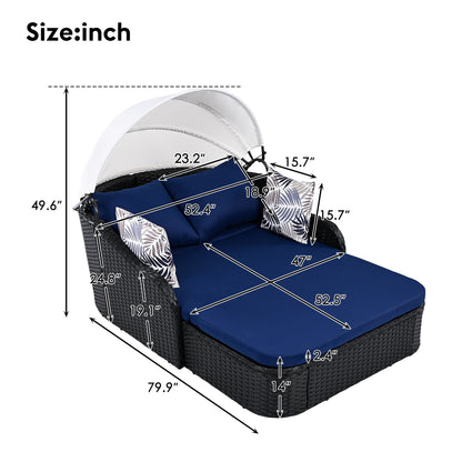 Outdoor Sunbed With Adjustable Canopy, Double Lounge, Daybed - Black / Blue
