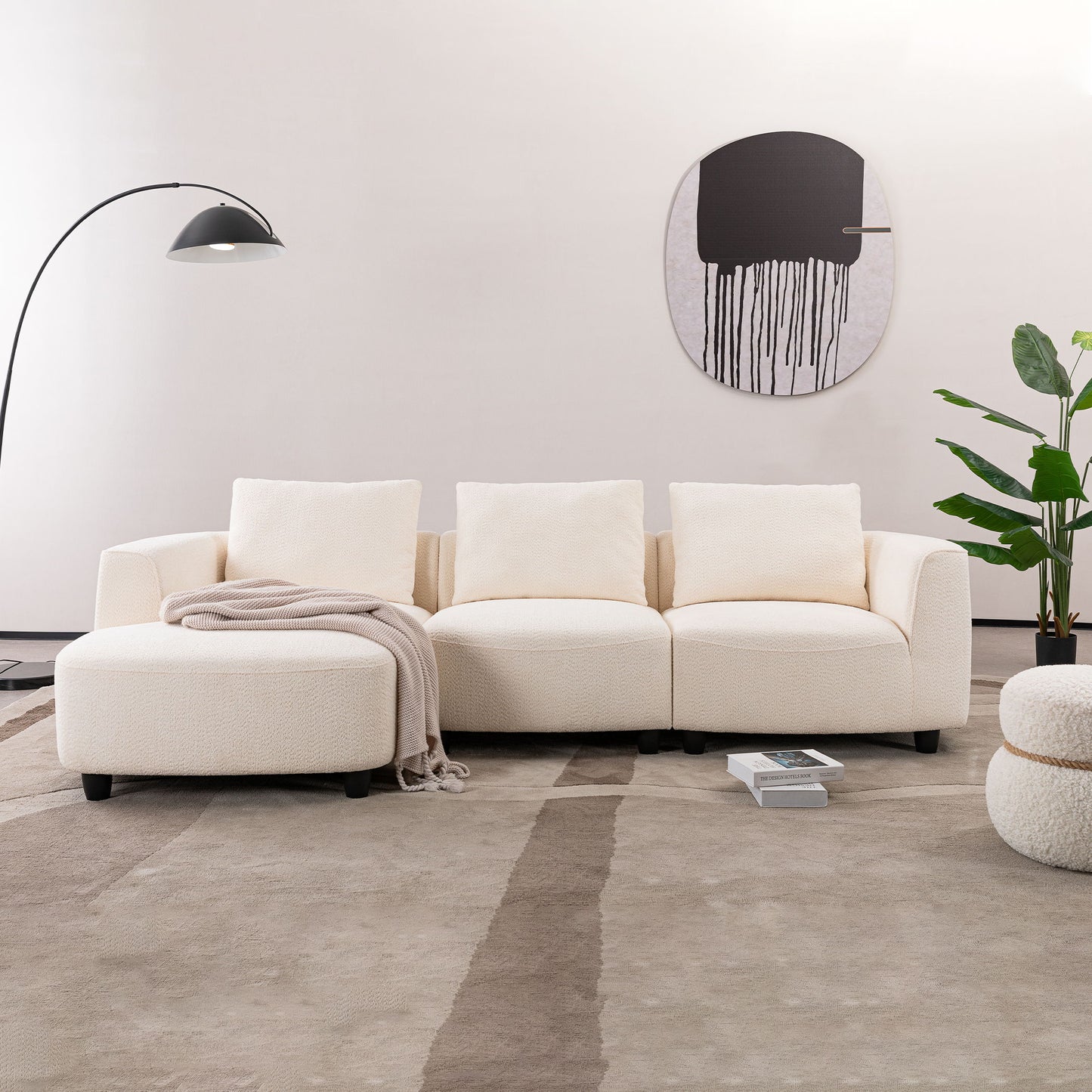 Mid - Century Modern Three Seater Sofa With Upholstered Footstool Fabric For Living Room Or Bedroom - Beige