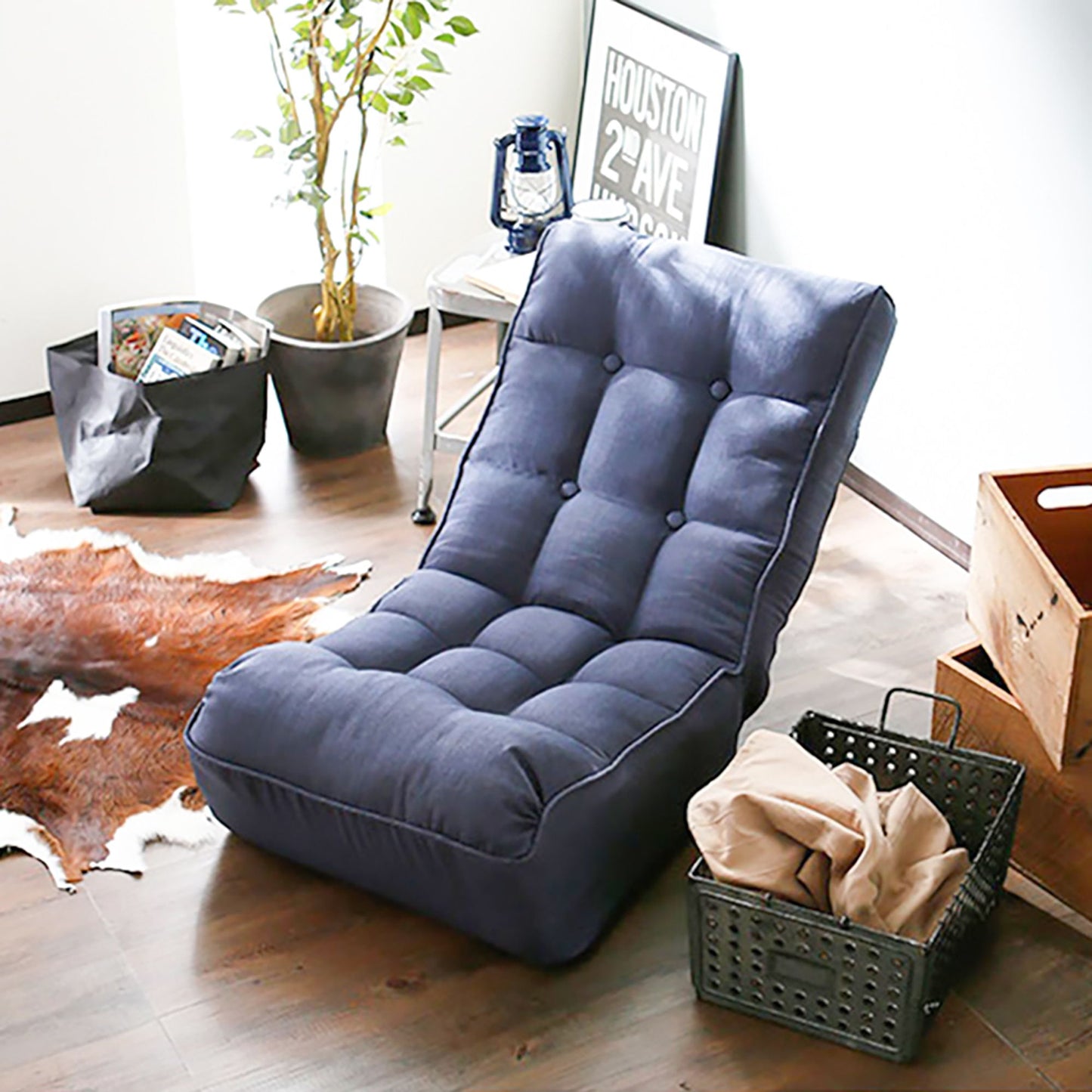Single Sofa Reclining Japanese Chair Lazy Sofa Tatami Balcony Adjustable Chair - Navy